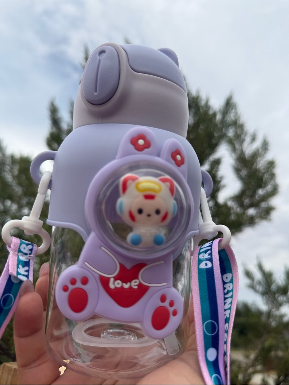 Kids Cute Purple Bear Water Bottle with Strap and Character Accent